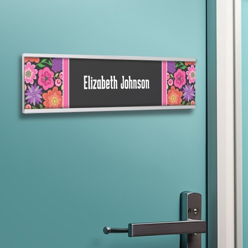 Black  White Damask Pattern with Script Name Door Sign