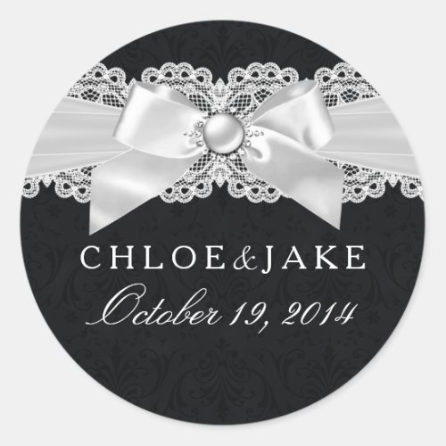 Black  White Damask  Pearl Bow Sticker