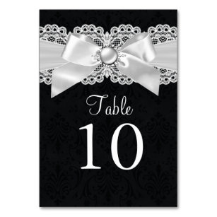 Black & White Damask & Pearl Bow Table Number Card