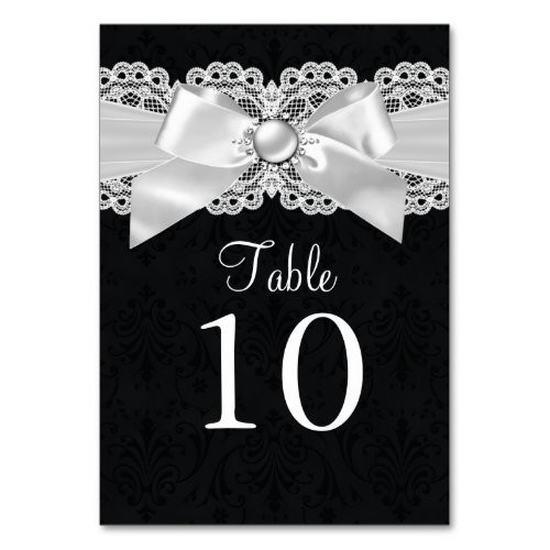 Black  White Damask  Pearl Bow Table Number Card