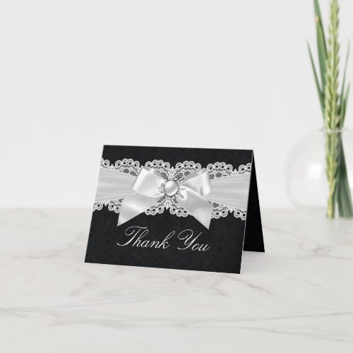 Black  White Damask  Pearl Bow Thank You Card