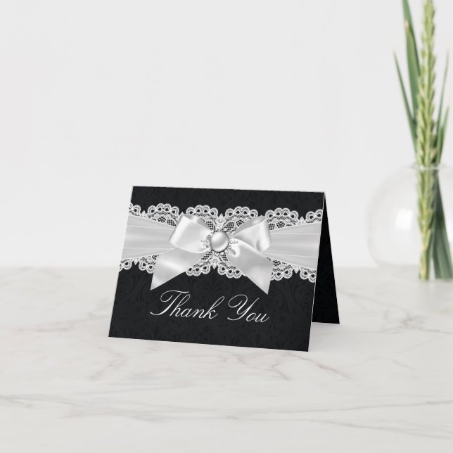 Black & White Damask & Pearl Bow Thank You Card (Front)