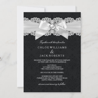 Black & White Damask & Pearl Bow Wedding Invite