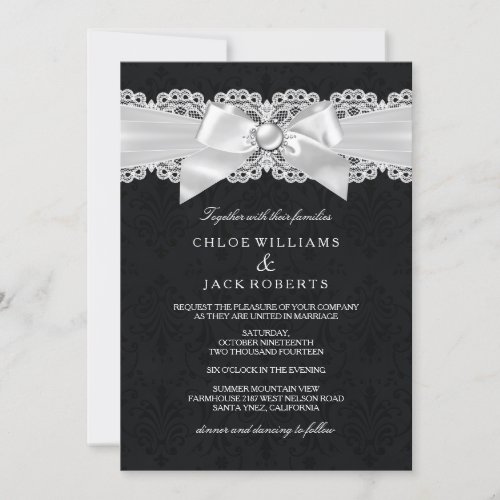 Black  White Damask  Pearl Bow Wedding Invite