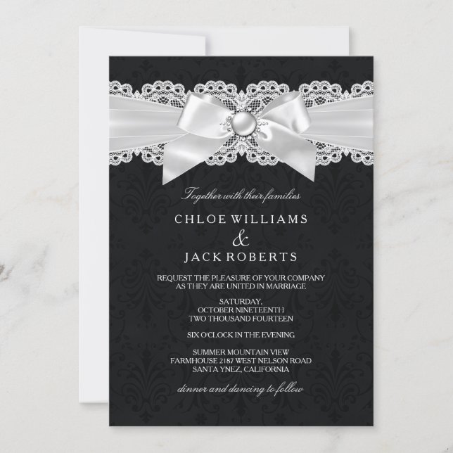 Black & White Damask & Pearl Bow Wedding Invite (Front)