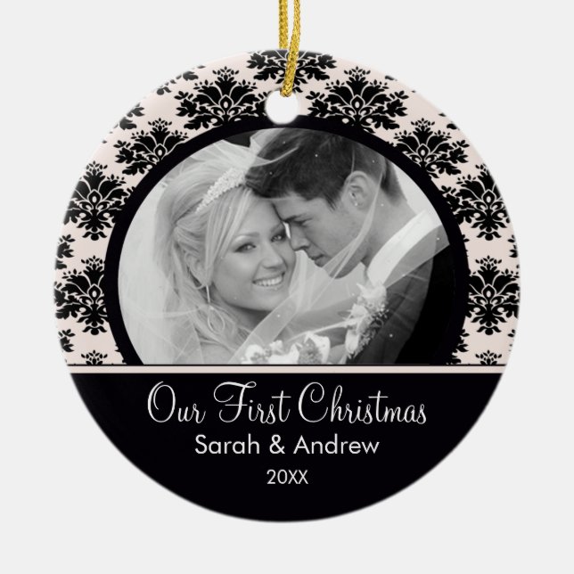 Black White Damask Photo First Christmas Ornament (Front)