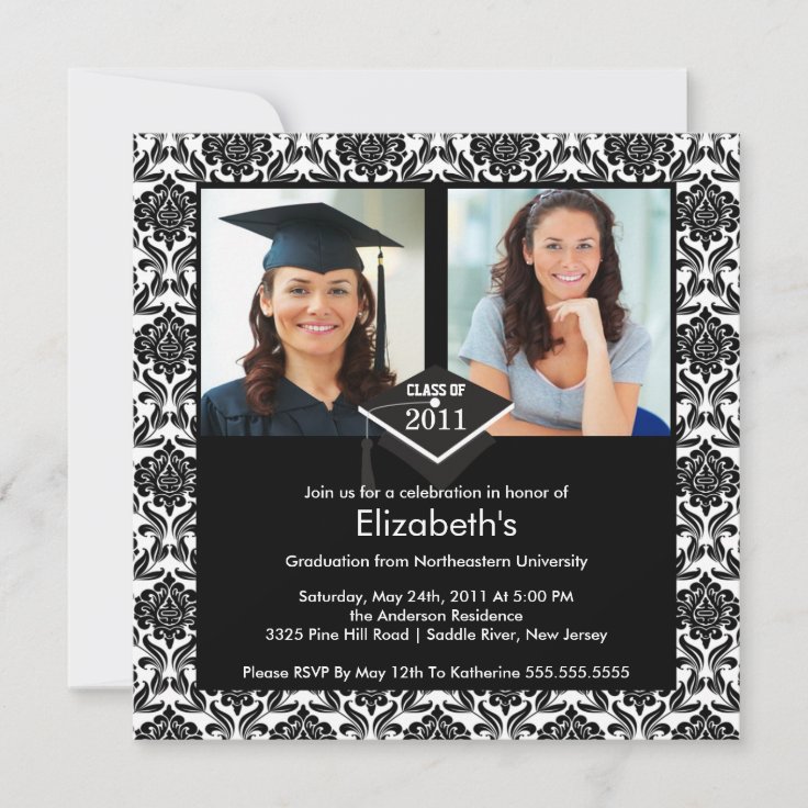 Black & White Damask Photo Graduation Invitation | Zazzle