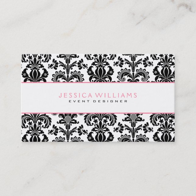 Black & White Damask Pink Accents Business Card (Front)