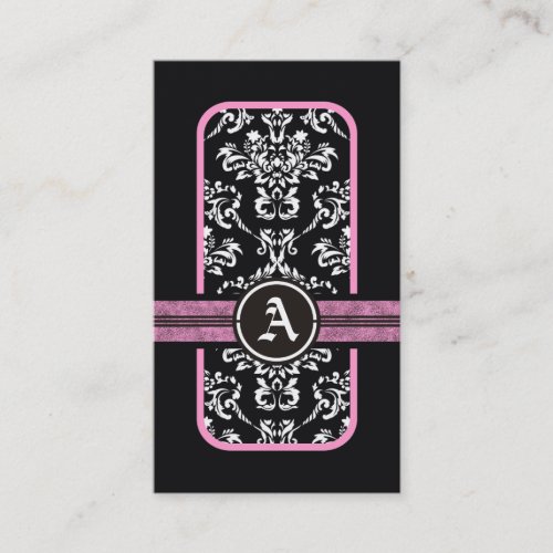 Black white damask pink band monogram business card template