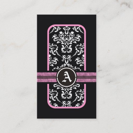 Customizable Black white damask pink band monogram business card template