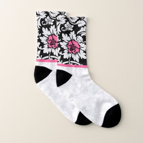 Black  White Damask Pink Flower Socks