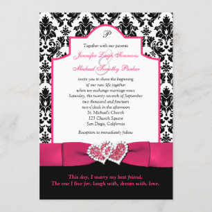 Black White Damask, Pink Glitter Hearts Invite 2