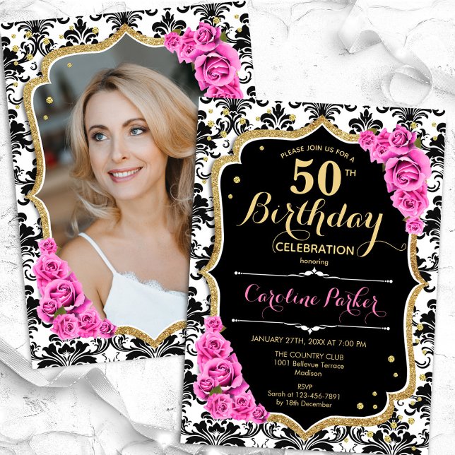 Black White Damask Pink Roses Photo 50th Birthday Invitation (Creator Uploaded)