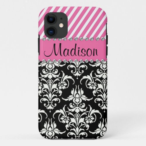 Black  White Damask  Pink Stipes Rhinestone Case