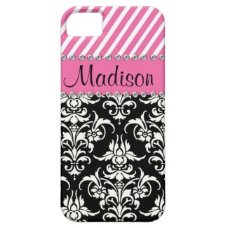 Black & White Damask / Pink Stipes Rhinestone Case iPhone 5 Case