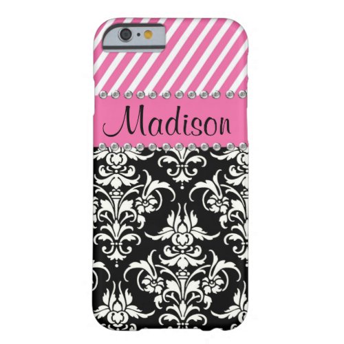 Black  White Damask  Pink Stipes Rhinestone Case