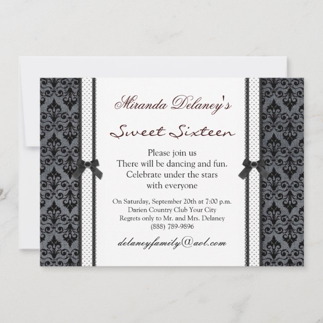 Black white damask polka dot  Sweet 16 Invitation (Front)