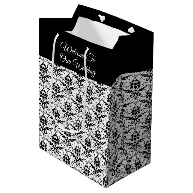 Black & White Damask Print - Wedding Gift Bag (Front Angled)