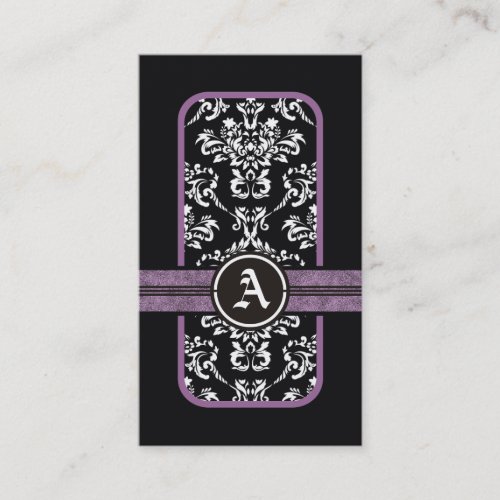 Black white damask purple band monogram business card templates