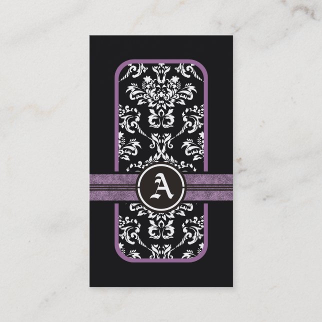 Black white damask purple band monogram business card (Front)