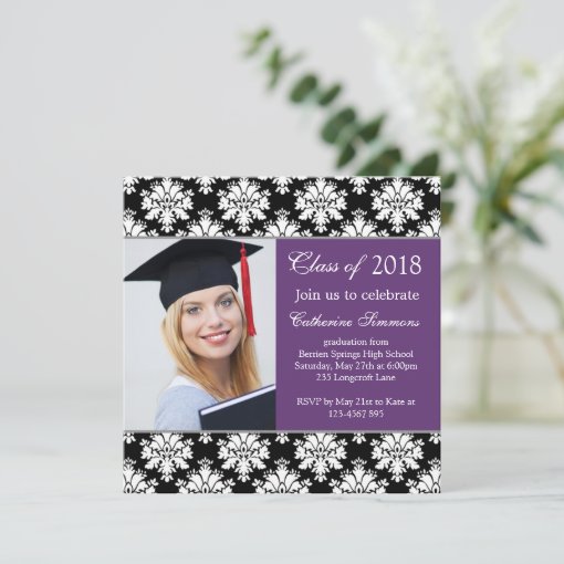 Black white damask, purple Graduation Party Invitation | Zazzle