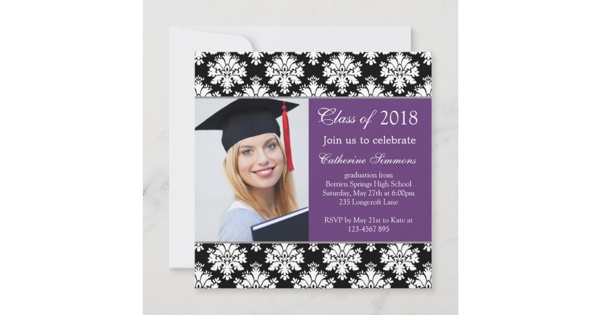 Black white damask, purple Graduation Party Invitation | Zazzle