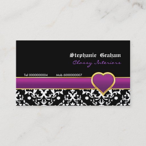 Customizable Black white damask purple heart business card