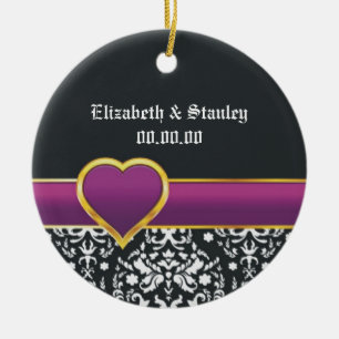 Black white damask purple heart Save the Date Ceramic Ornament