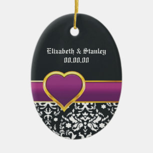Black white damask purple heart Save the Date Ceramic Ornament