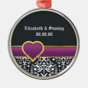 Black white damask purple heart Save the Date Metal Ornament