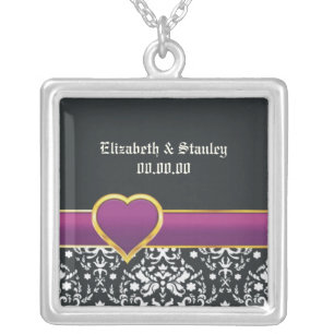Black white damask purple heart Save the Date Silver Plated Necklace