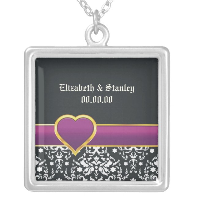 Black white damask purple heart Save the Date Silver Plated Necklace (Front)