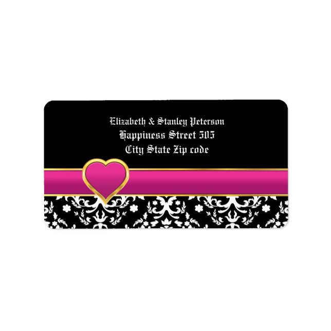 Black white damask & purple heart wedding label (Front)