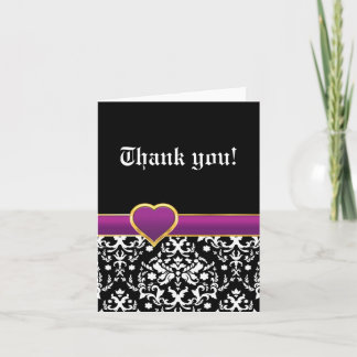 Black white damask purple heart wedding Thank You Card
