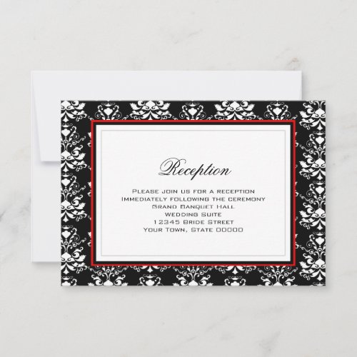 Black  White Damask Red Accent Reception Card