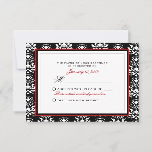 Black &amp; White Damask Red Accent RSVP Custom