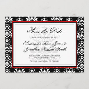 Black & White Damask Red Accent Save the Date