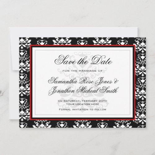 Black  White Damask Red Accent Save the Date