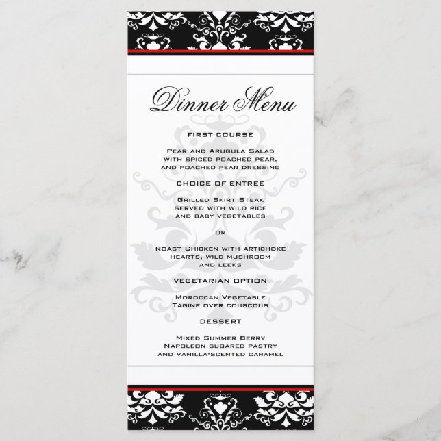 Black & White Damask Red Accent Slim Dinner Menu (Front)