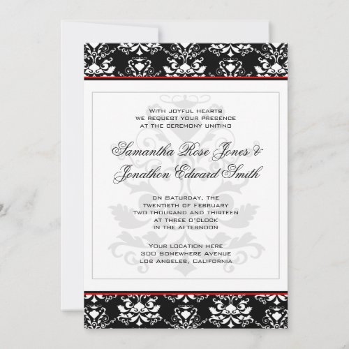 Black &amp; White Damask Red Accent Wedding Invitation