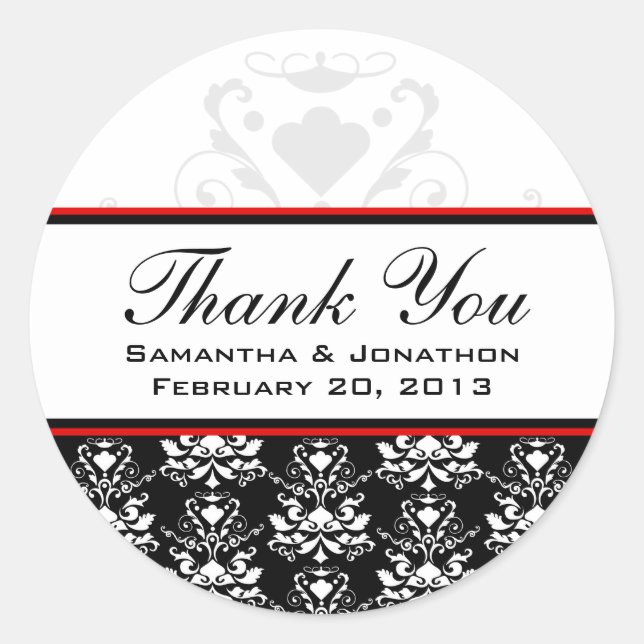 Black & White Damask Red Accent Wedding Labels (Front)