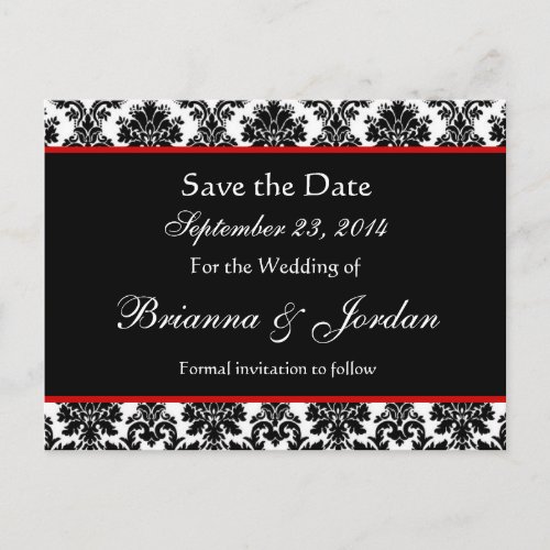 Black White Damask Red Accents Save The Date Announcement Postcard