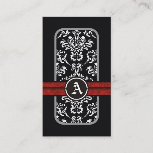 Customizable Black white damask red band monogram business card