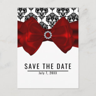 Black & White Damask Red Bow Glam Save the Date Announcement Postcard