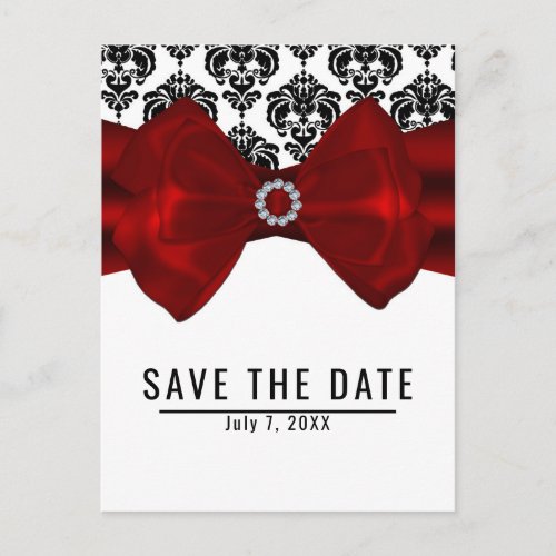 Black  White Damask Red Bow Glam Save the Date Announcement Postcard