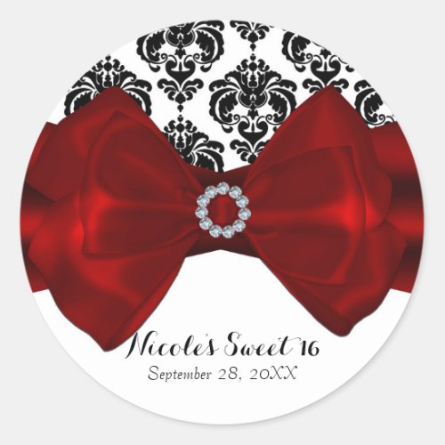 Black  White Damask Red Bow Glam Sweet 16 Party Classic Round Sticker