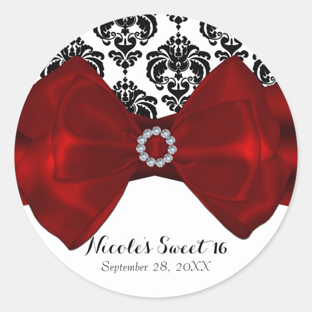 Black & White Damask Red Bow Glam Sweet 16 Party Classic Round Sticker (Front)