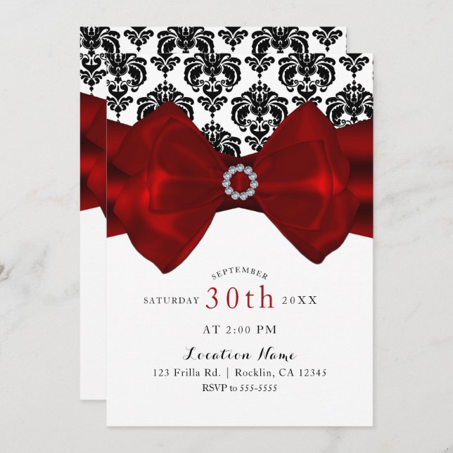 Black & White Damask Red Bow Glam Sweet 16 Party Invitation (Front/Back)