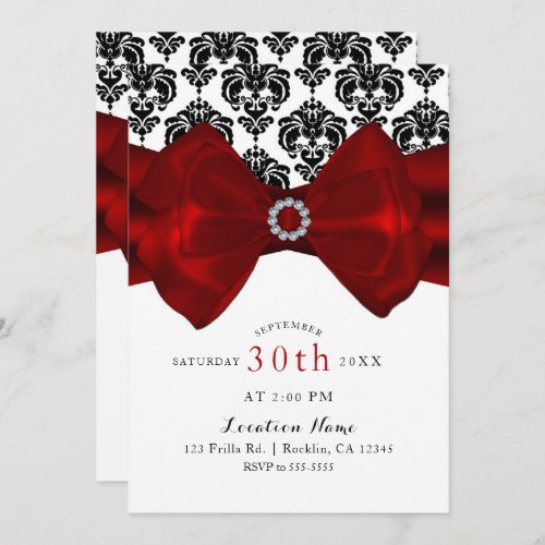 Black  White Damask Red Bow Glam Sweet 16 Party Invitation