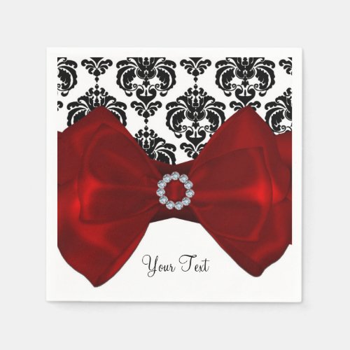 Black  White Damask Red Bow Glam Sweet 16 Party Paper Napkins